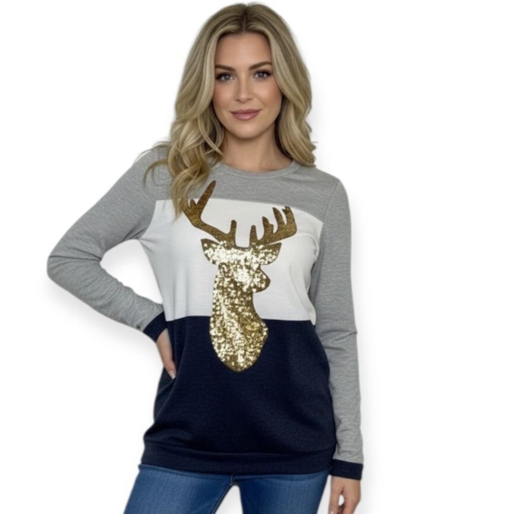 12 PM By Mon Ami Christmas Sequin Reindeer Color Block Long Sleeve Size M